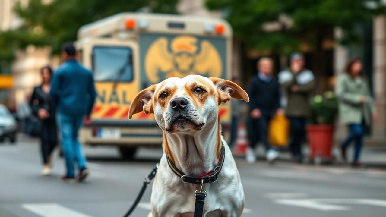 Alert tense dog on a leash on a busy street with a delivery truck and pedestrians behind