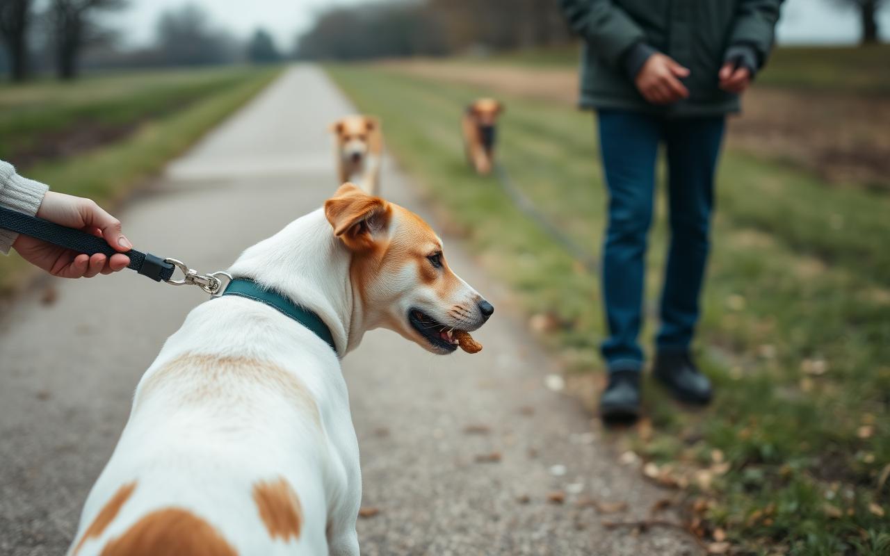Dog turning back to its handler for a treat while another dog passes at a distance