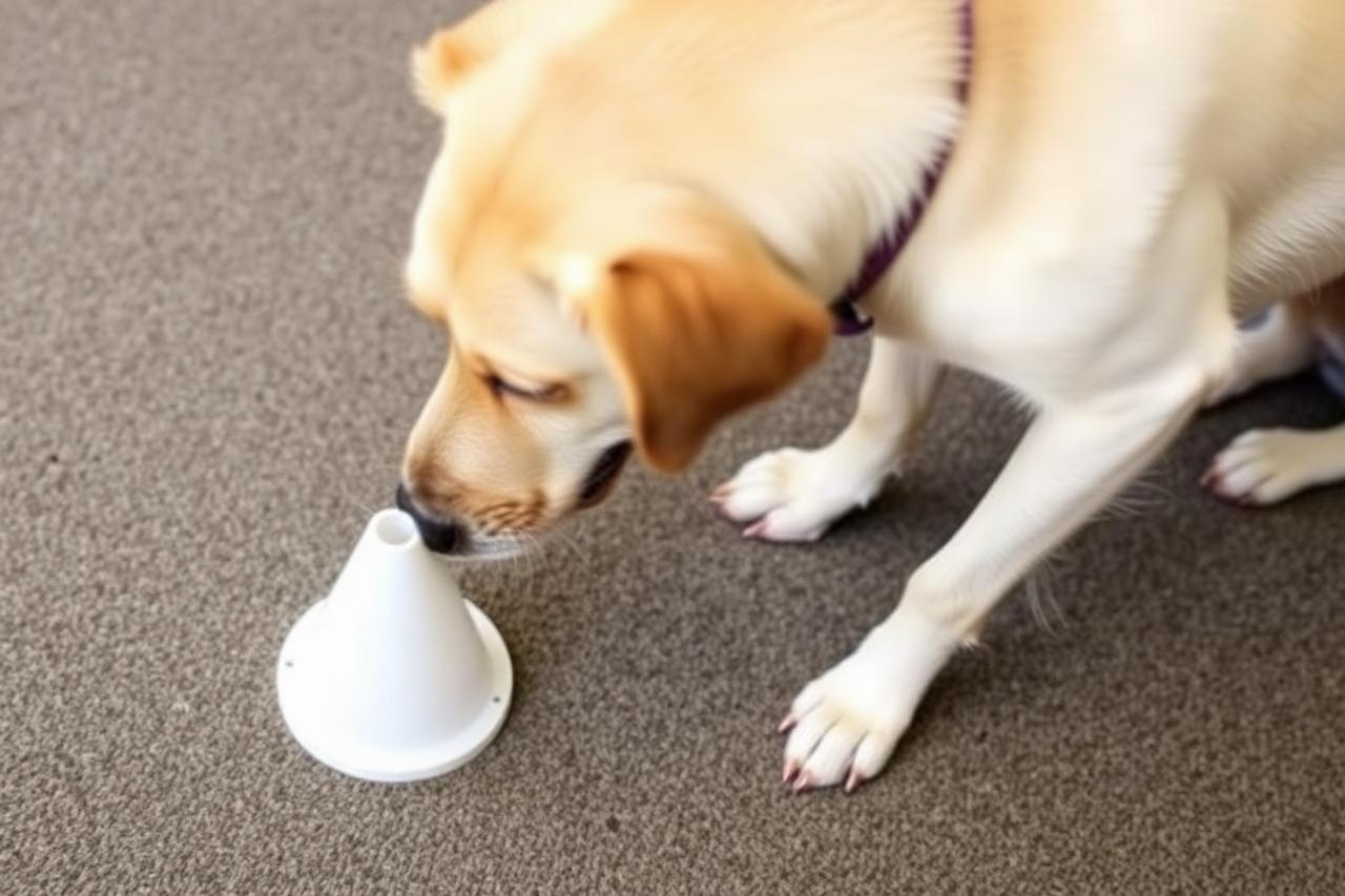 Older dog gently touching a small target cone with its nose on a carpeted floor