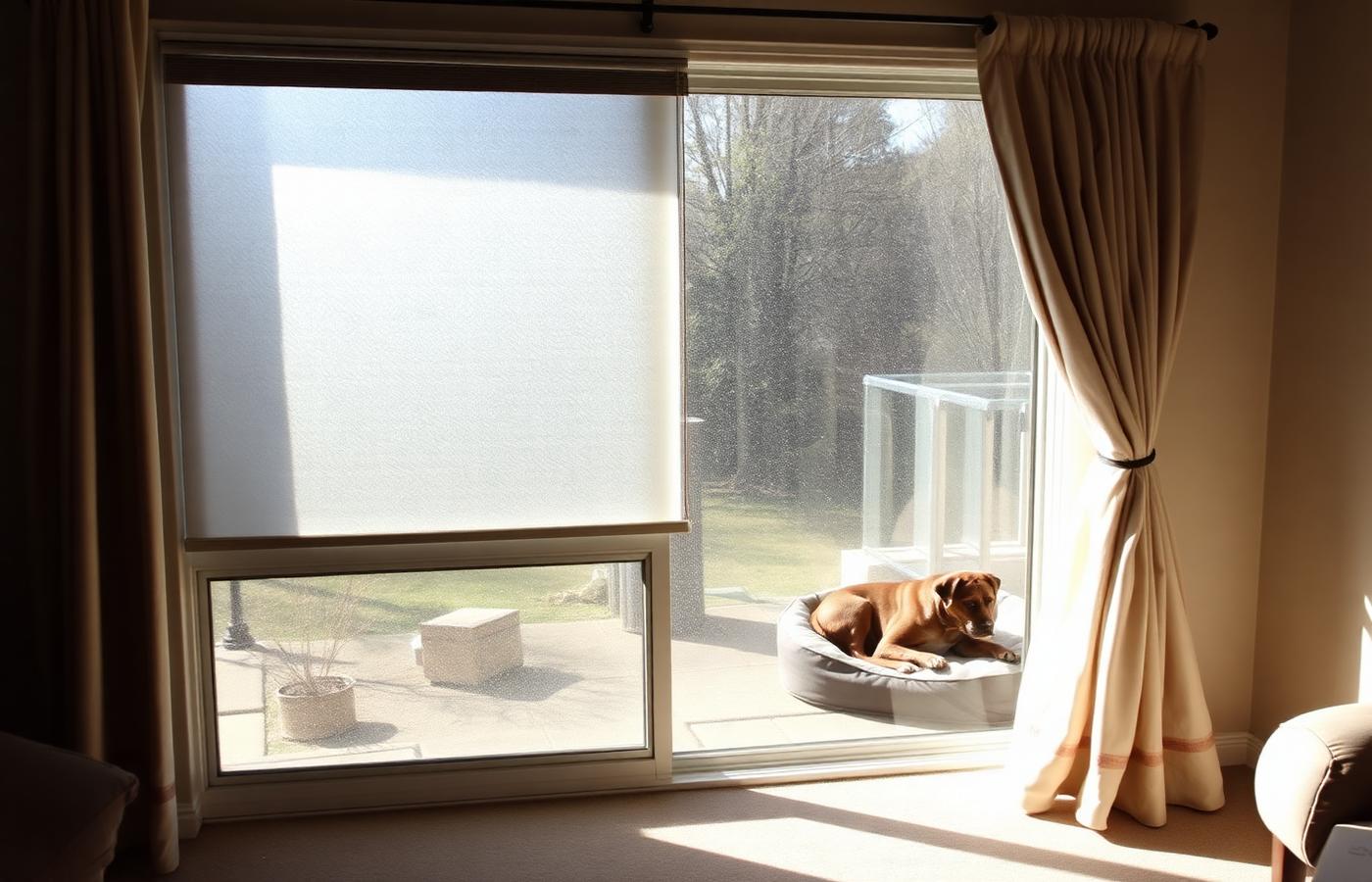 Living room window with privacy film and a dog bed placed away from the glass