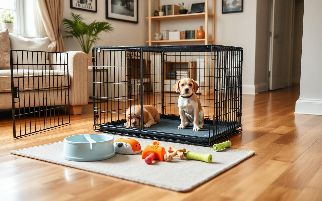 Puppy pen setup in a living room with a crate, water bowl, chew toys and a washable mat