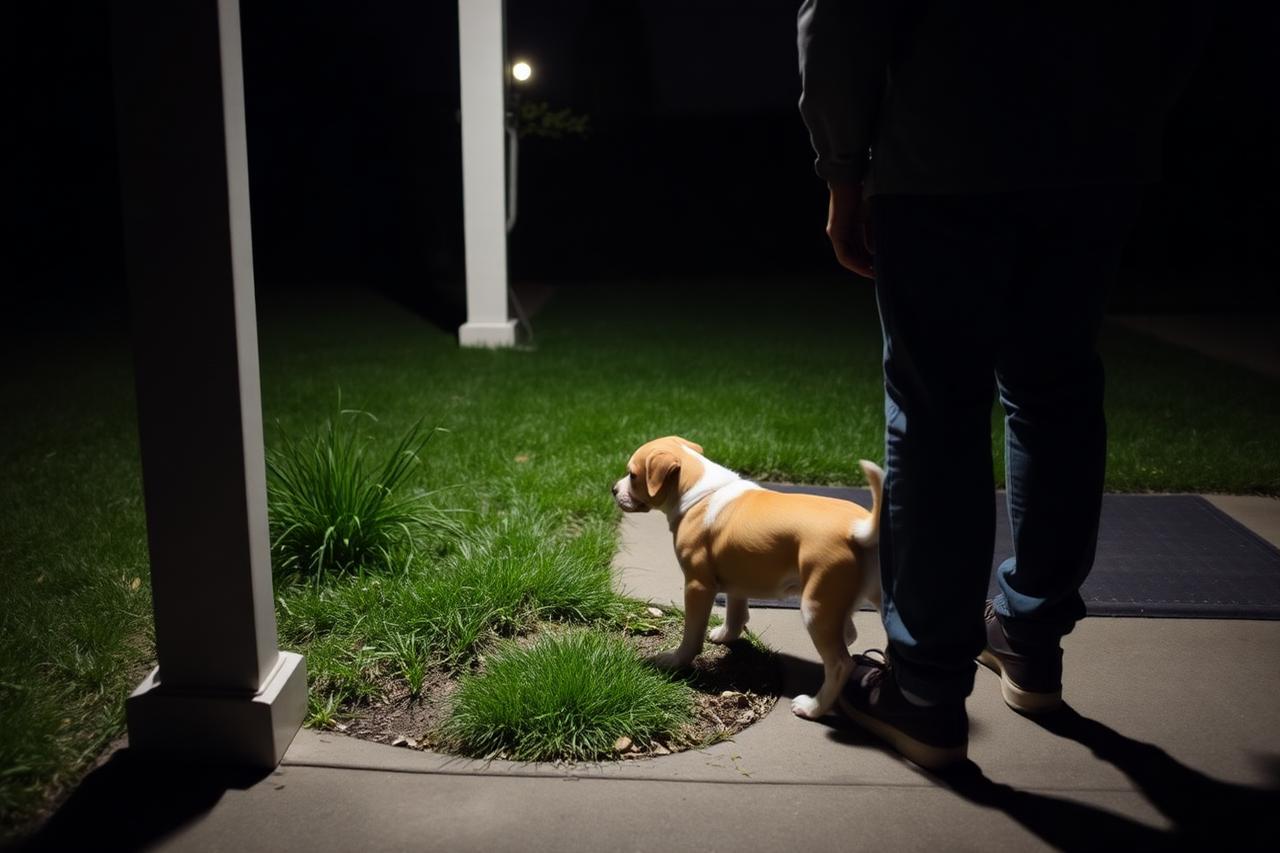 Person taking a puppy outside to a grass potty spot at night under a porch light