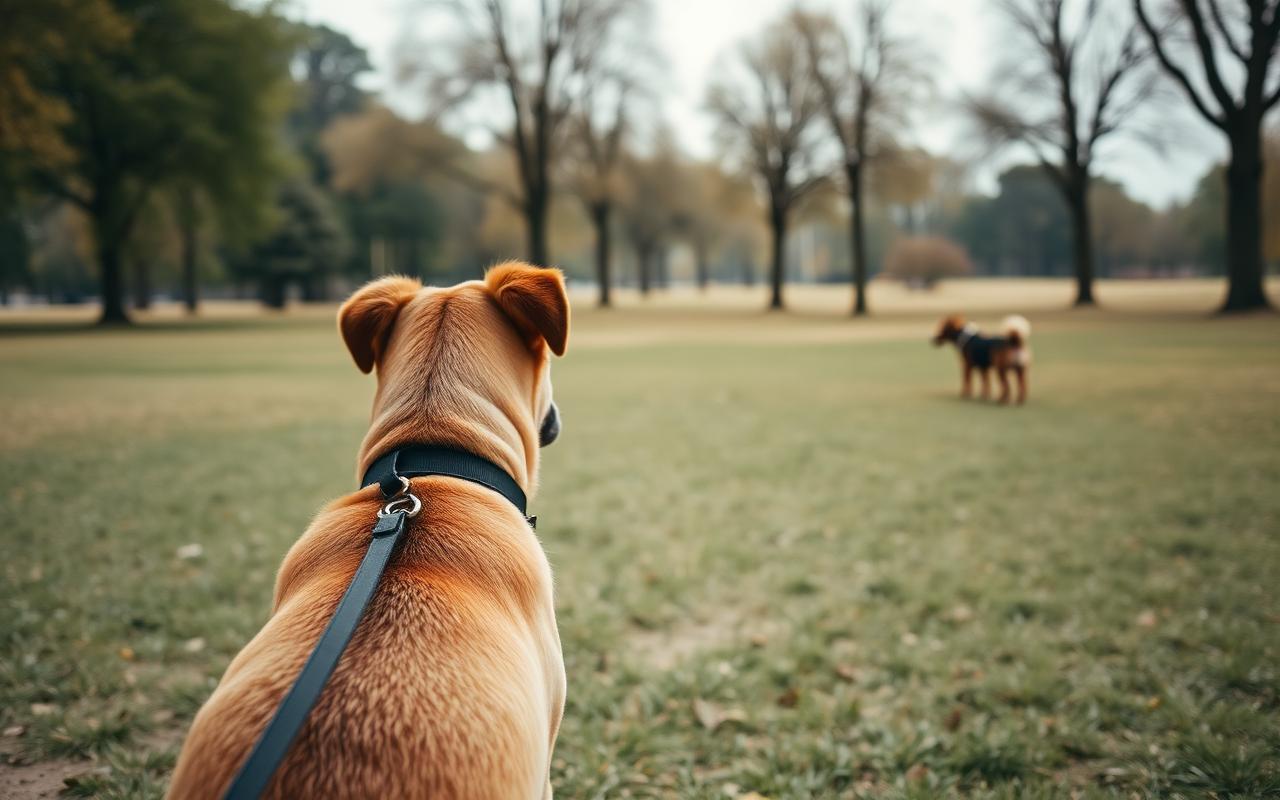 Dog on leash calmly noticing another dog far across an open park