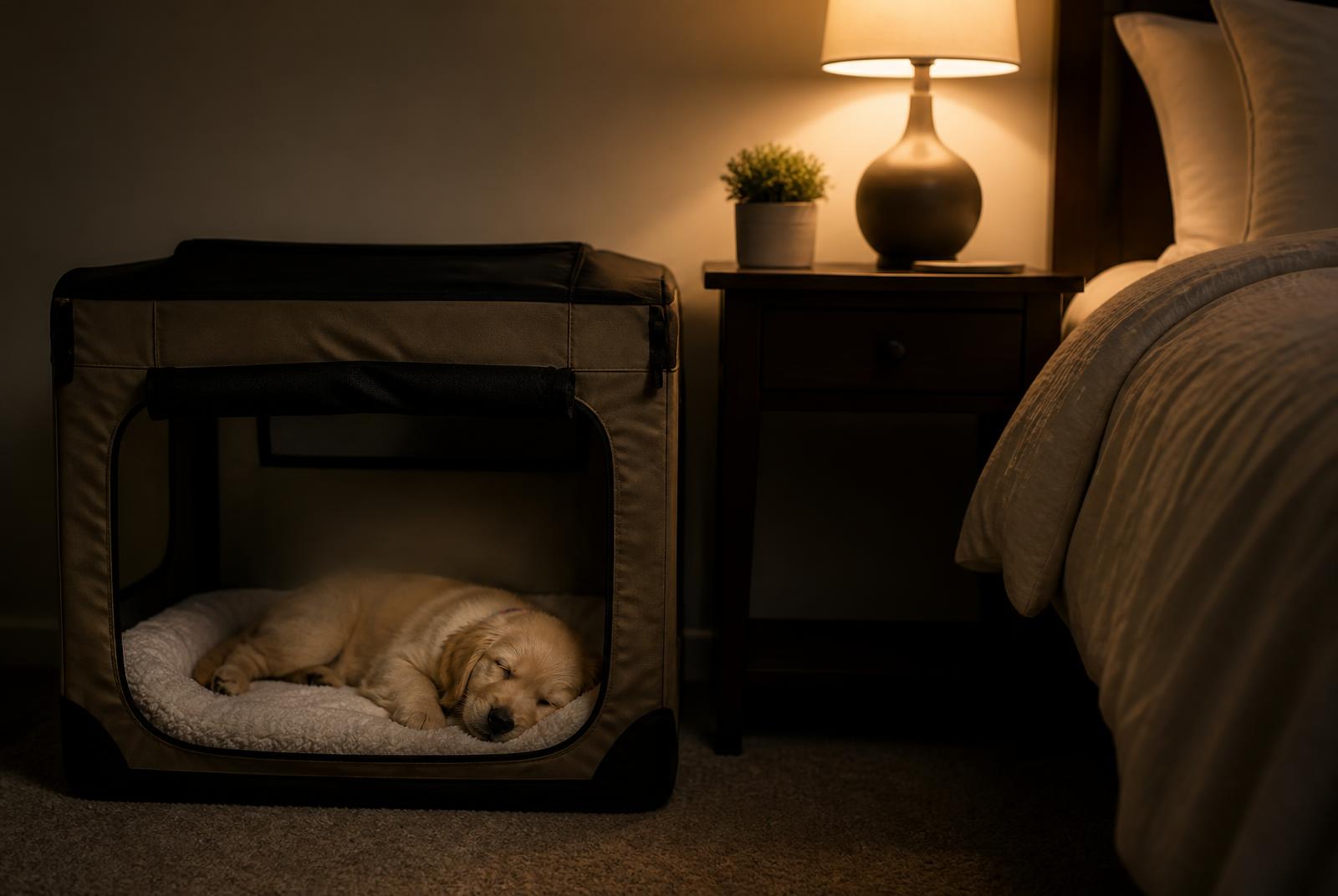 Puppy sleeping calmly in a covered crate placed next to a bed in a dim bedroom
