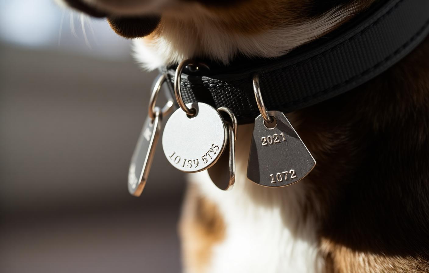 Close-up of a dog collar with metal identification tags