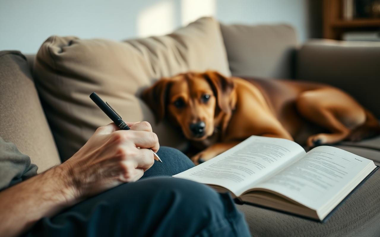 Person writing notes in a notebook beside a relaxed dog on a couch