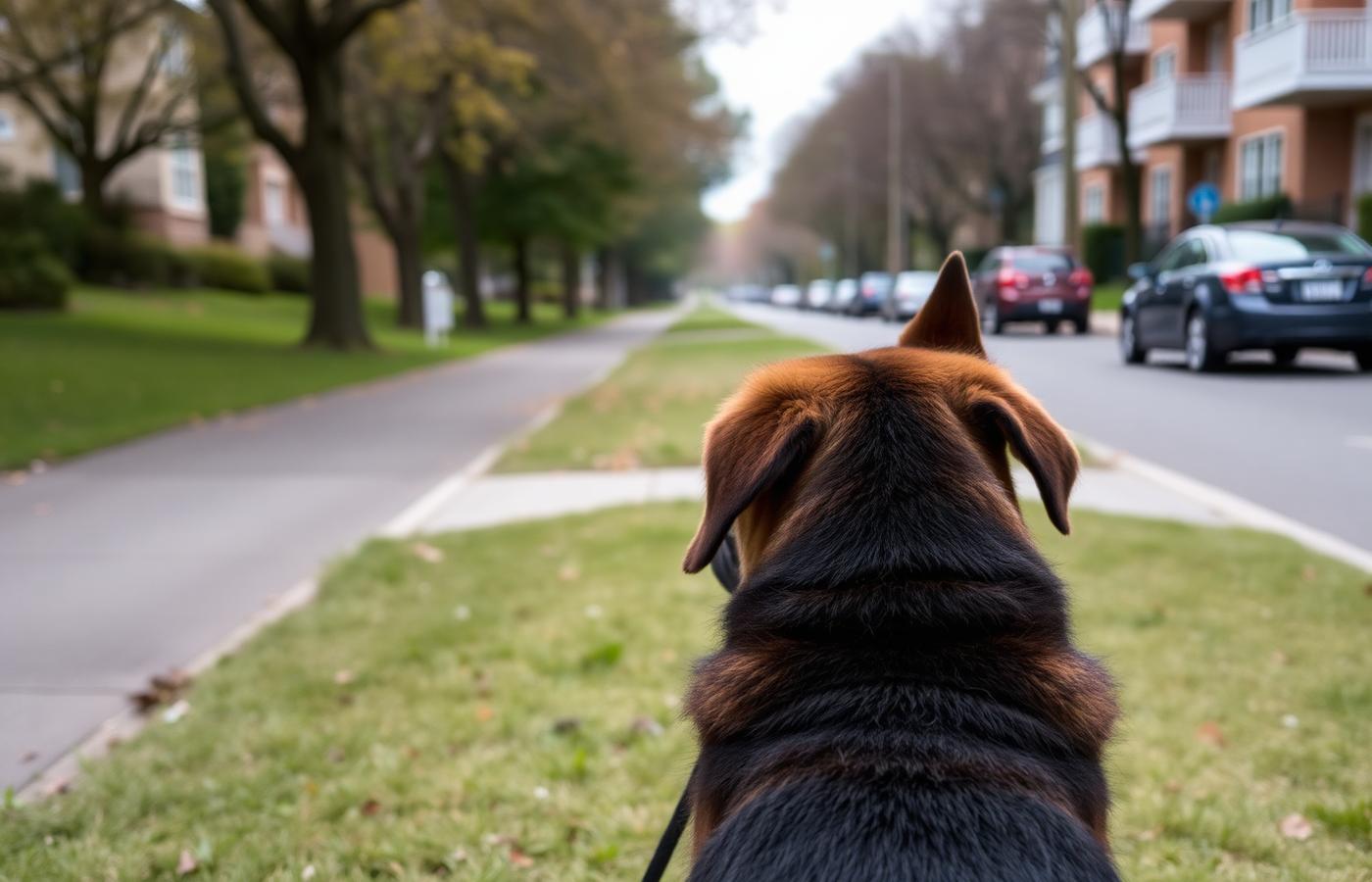 Young dog on a long line calmly observing a quiet street from across a wide grass lawn