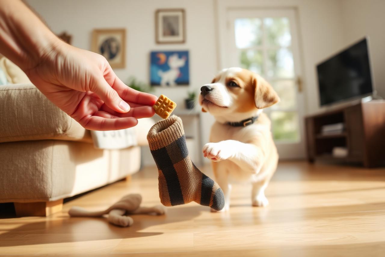 Hand offering a treat while a puppy releases a sock onto the floor in a living room
