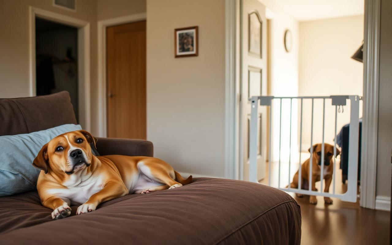 Two dogs resting separately in the same home, one on a bed and one behind a baby gate