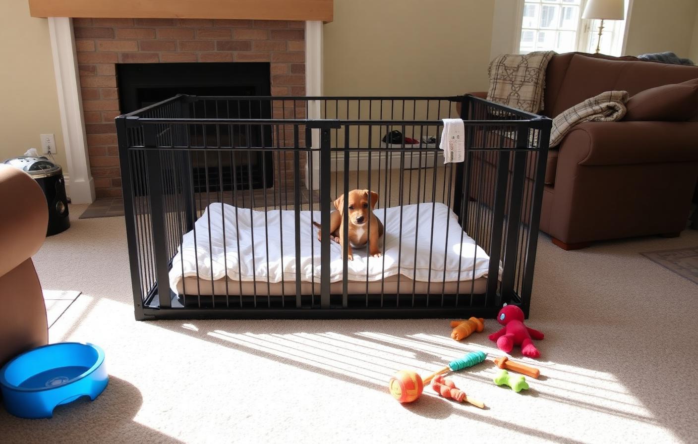 Puppy playpen set up in a living room with a bed, water bowl and toys