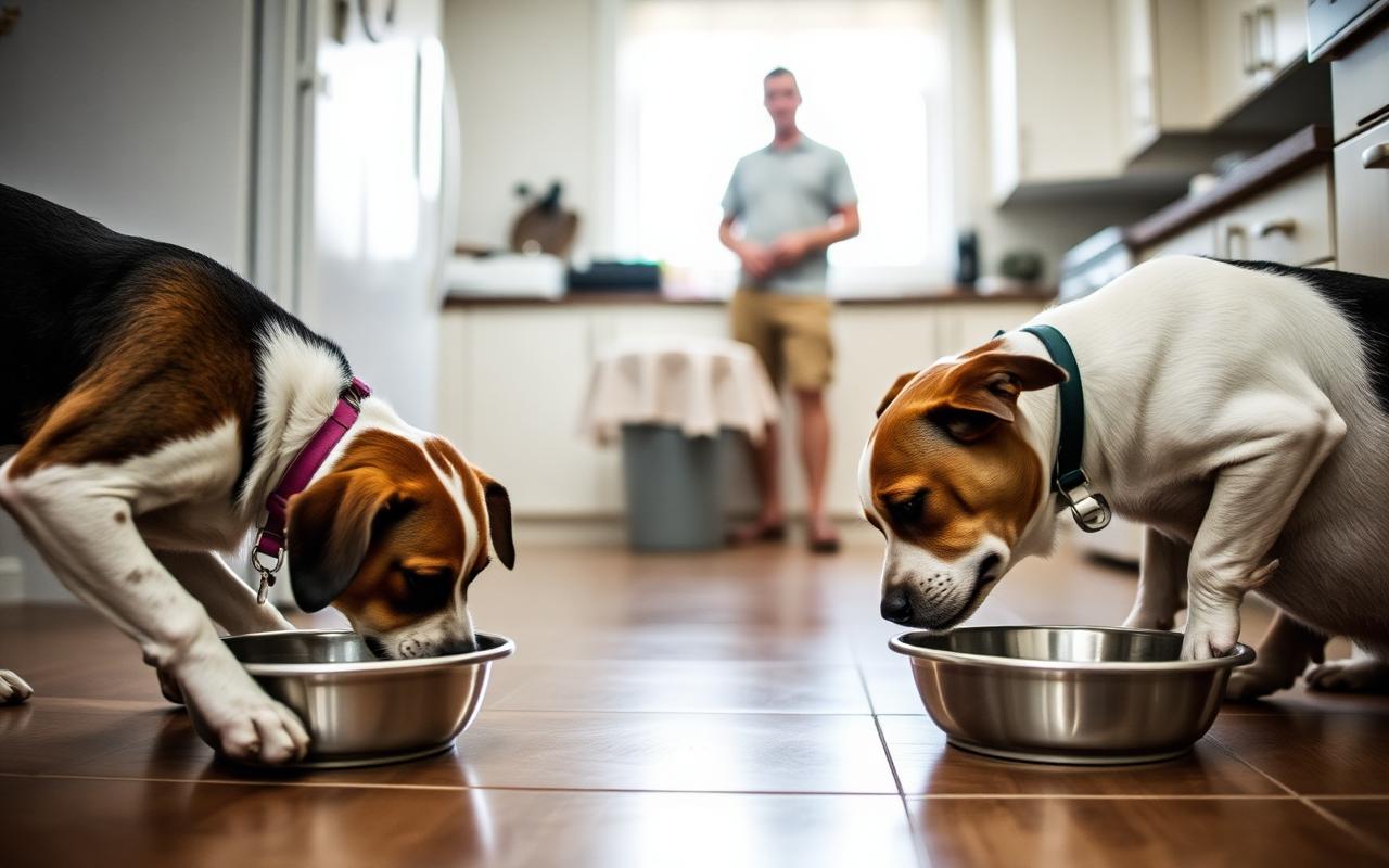 Two dogs eating from separate bowls in different corners of a kitchen with a person supervising