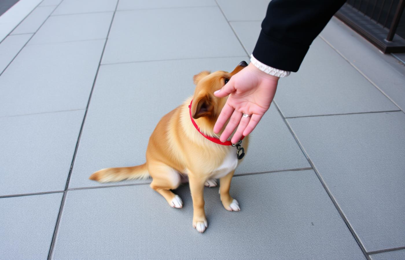 Leashed dog sitting calmly on a sidewalk while a hand reaches down to greet