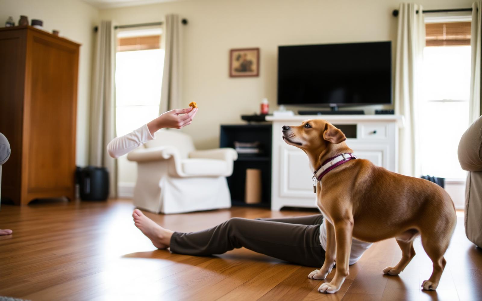 Person seated on the floor looking away while a dog chooses to approach from a few feet back