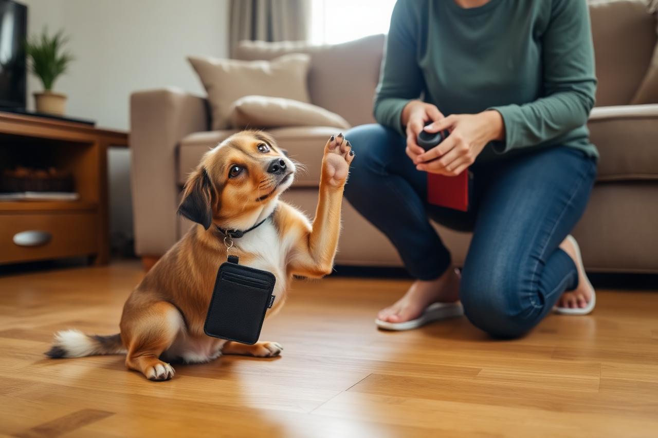 Person with a clicker rewarding a dog offering a behavior in a living room