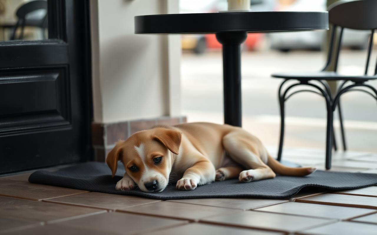 Young puppy settling calmly on a mat beside an outdoor café table