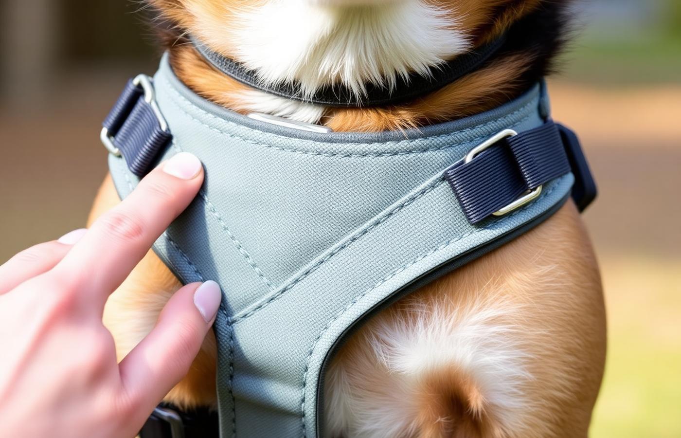 Close-up of a well-fitted Y-front harness with two fingers checking the chest strap