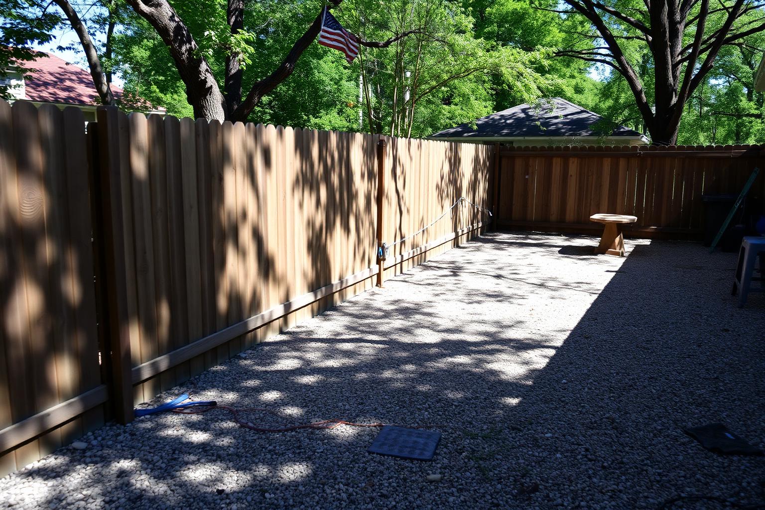 Secure wooden backyard fence line with gravel along the base in a shaded yard