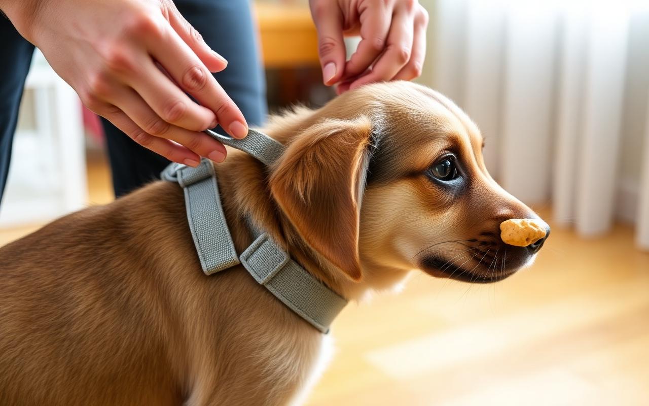 Hands fastening a soft Y-shaped harness on a calm puppy indoors with a treat in the other hand