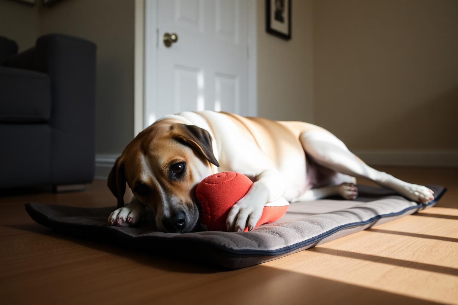 Dog lying on a mat working on a stuffed rubber food toy in a sunlit room