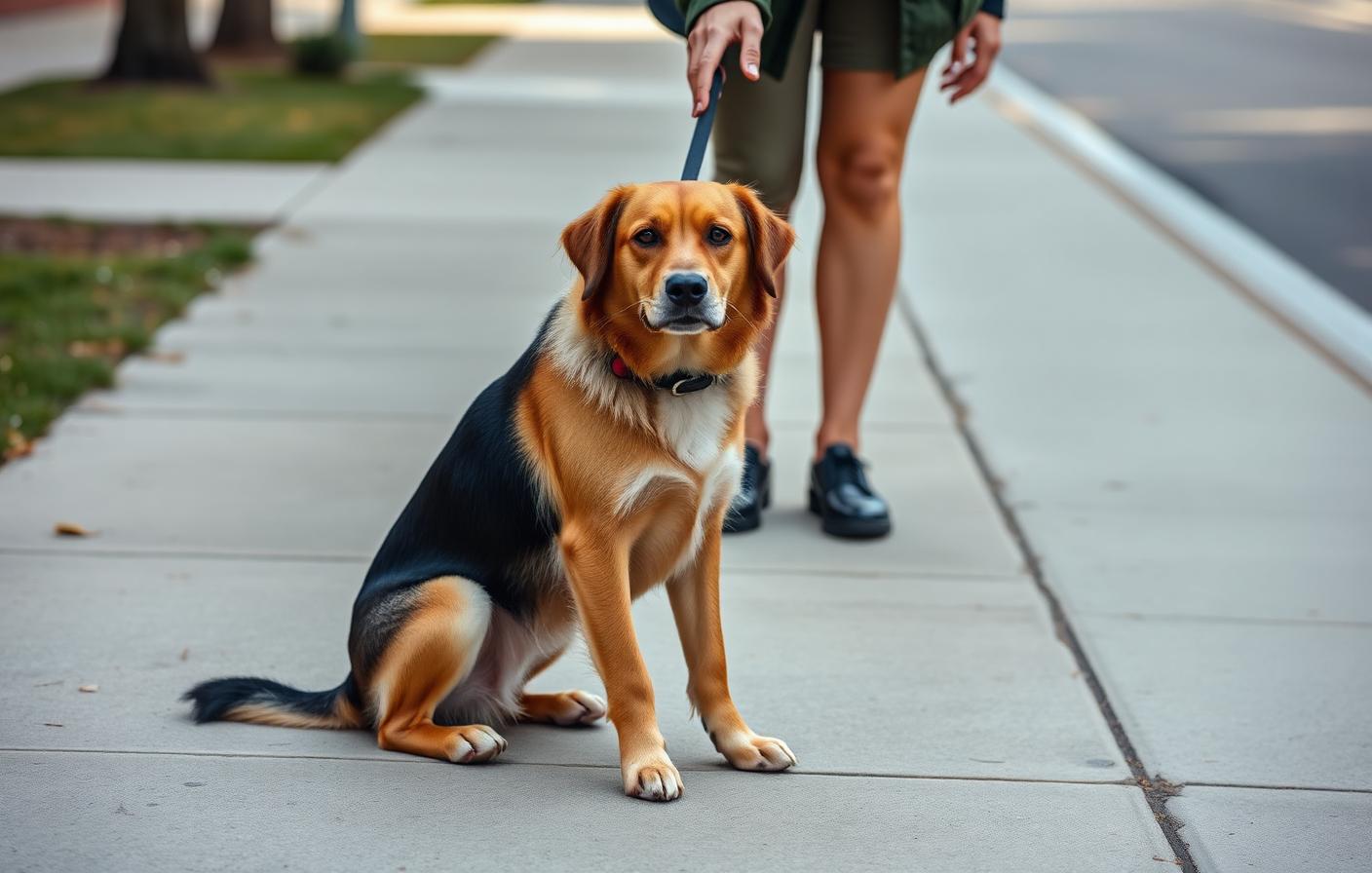 Dog holding a sit on a sidewalk beside a handler
