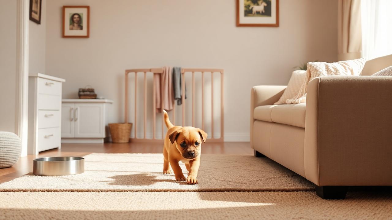 Small puppy exploring a quiet living room with a bed, water bowl and baby gate