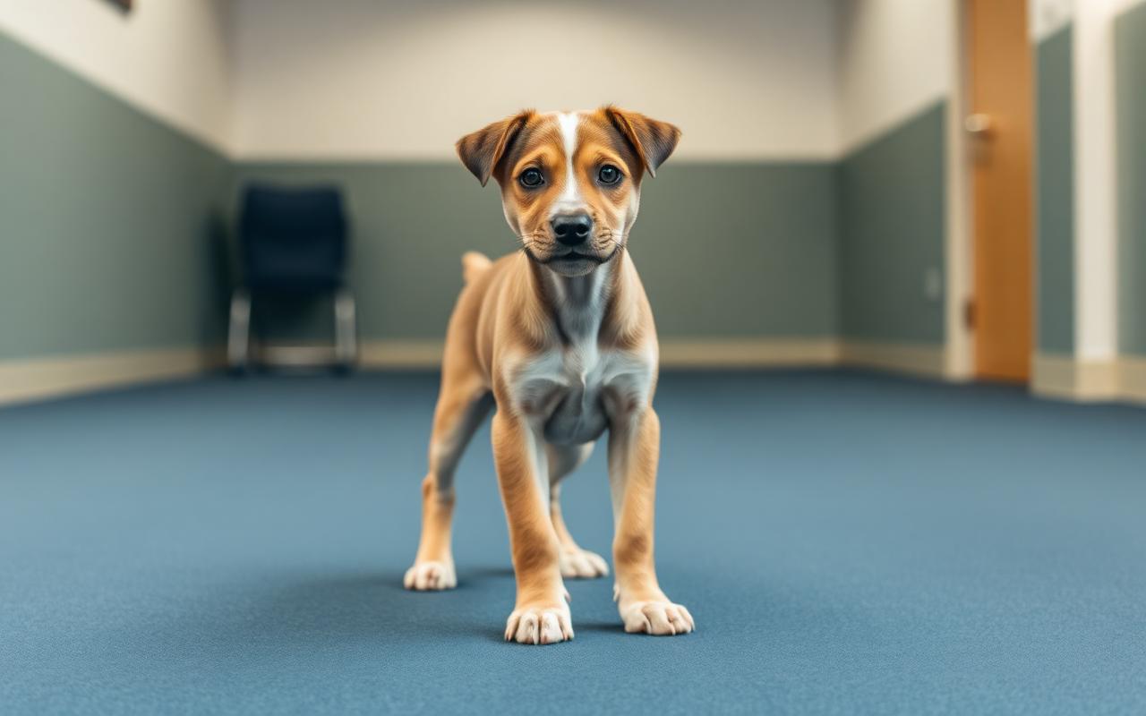 Confident young puppy standing alert on a novel surface in a neutral room