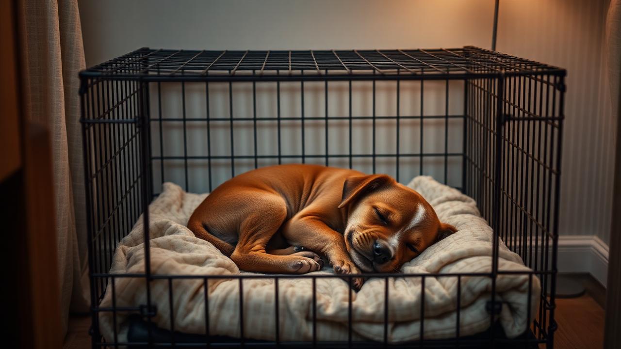 Puppy asleep in an open crate with soft bedding in a quiet bedroom corner