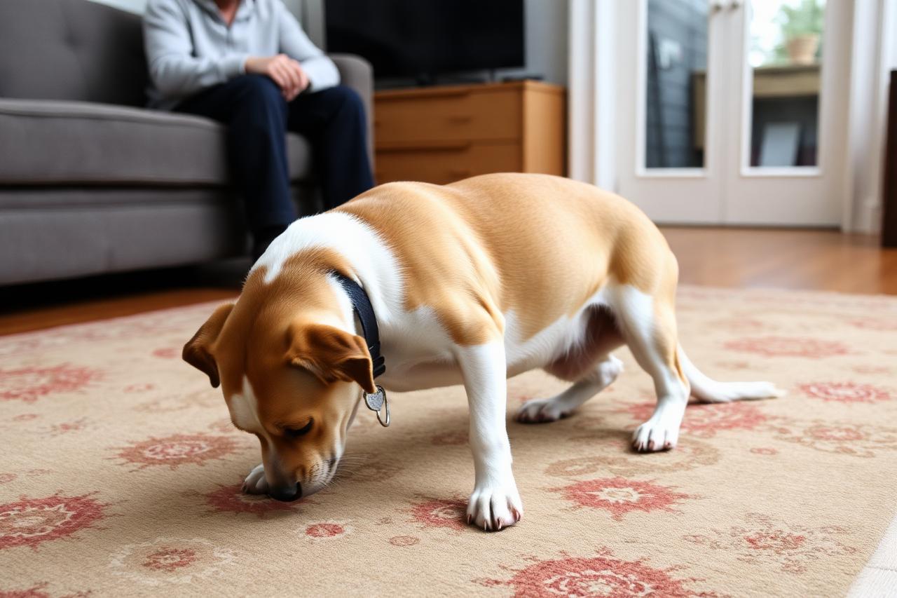 Dog stretching on a living room rug while a person sits quietly nearby