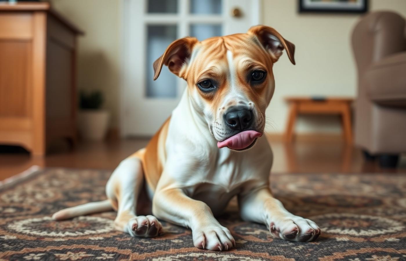 Dog on a rug turning its head away and licking its lips