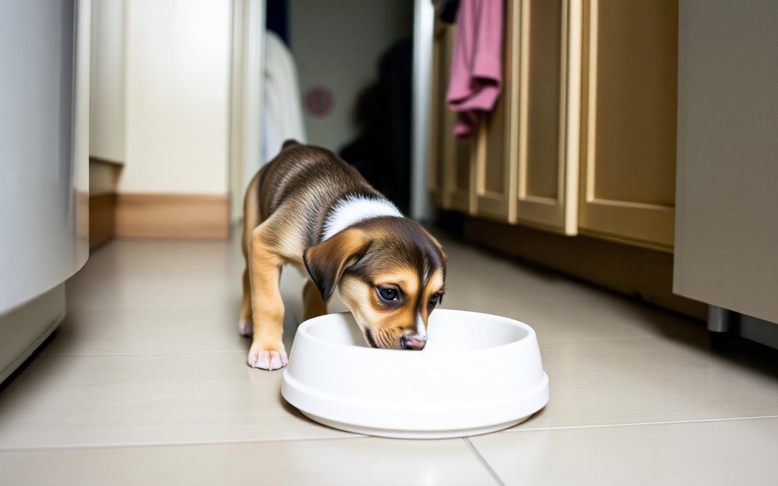 Puppy eating undisturbed from a bowl in a quiet kitchen corner