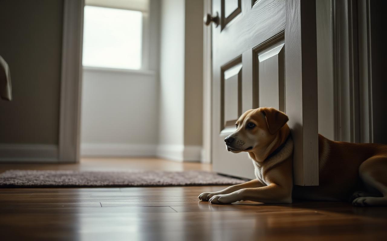 Rescue dog lying near a front door watching it with a worried expression