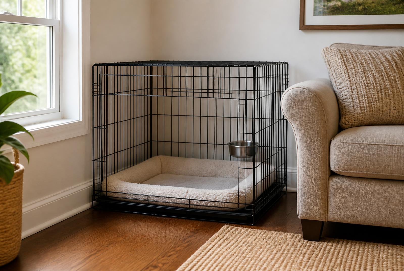 Appropriately sized wire crate with a soft bed set up in the corner of a family living room