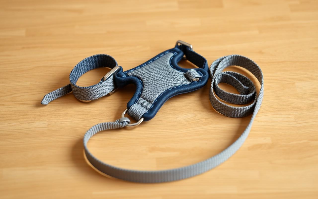 Well-fitted harness, flat collar, six-foot leash and long line laid out on a table