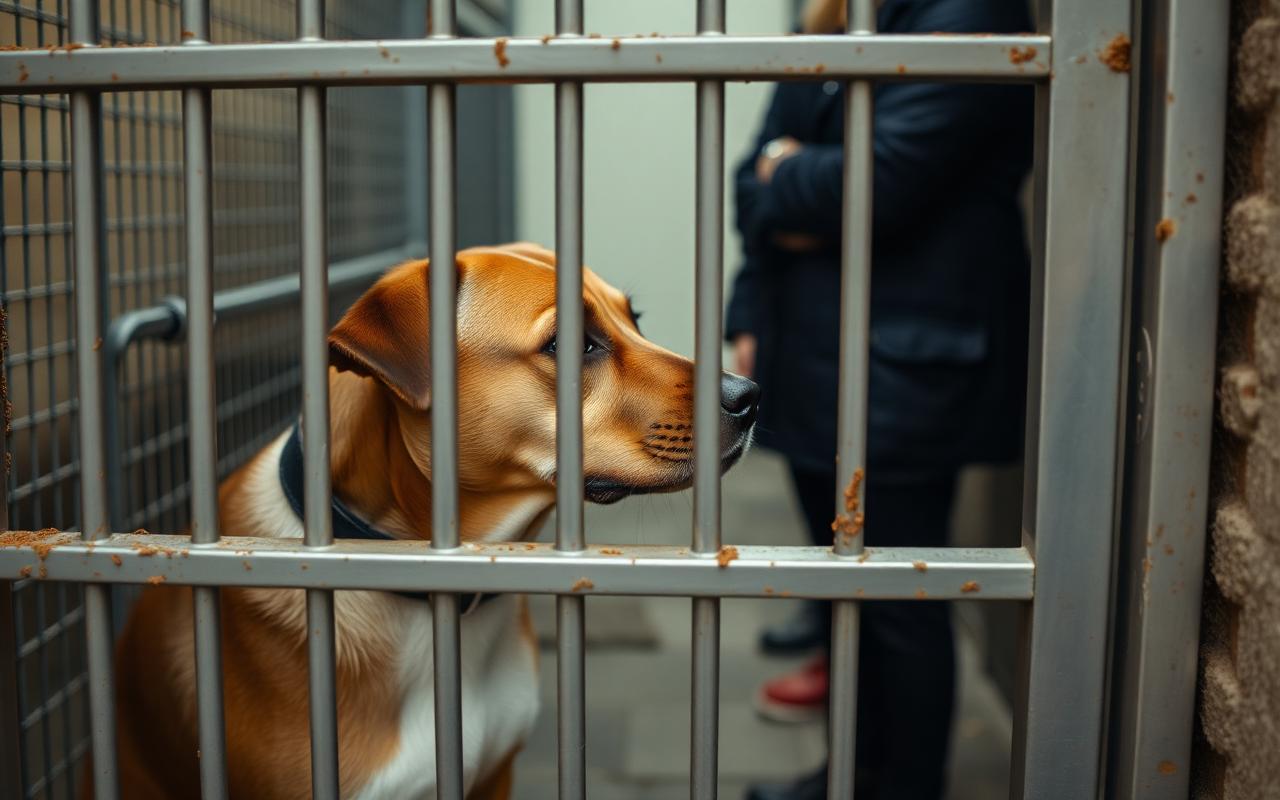 Calm dog looking out through a kennel gate as a visitor approaches