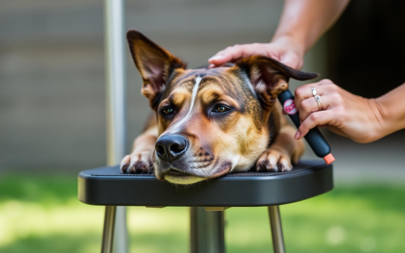 Adult dog resting its chin on a platform while a grooming tool is held nearby