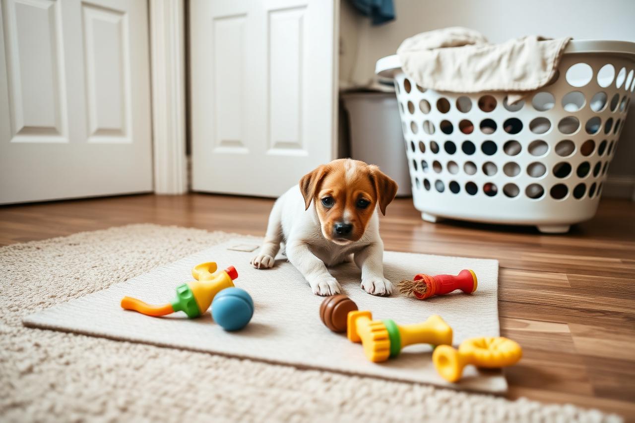 Puppy playing with a snuffle mat and safe chew toys in a tidy puppy-proofed room with a covered laundry basket