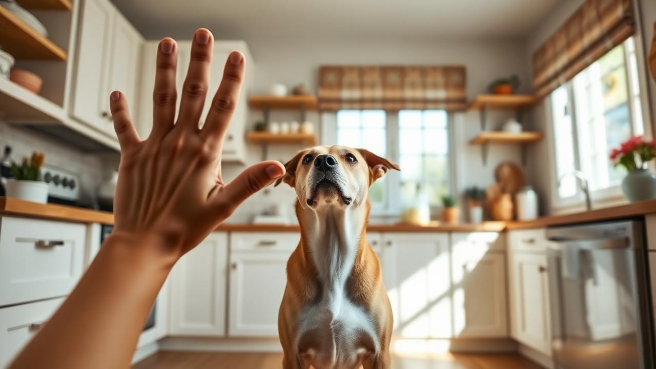 Dog standing squarely in a kitchen responding to an empty-hand signal