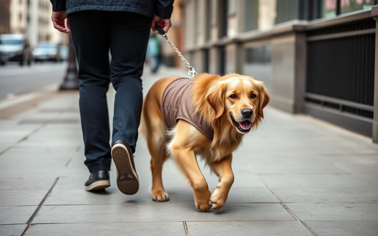 Golden retriever in a plain vest walking in heel position beside a person on a city sidewalk