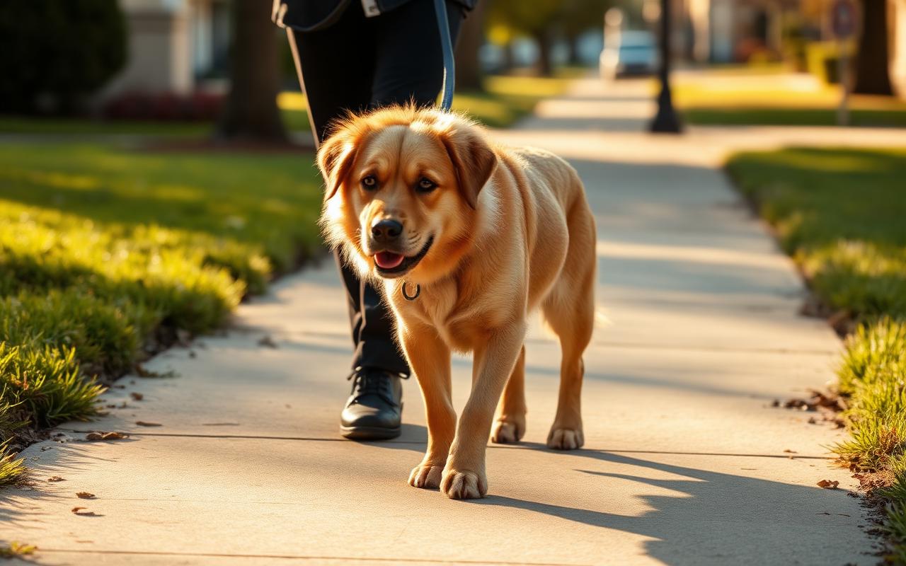 Dog walking calmly beside a person on a sidewalk with a slack leash