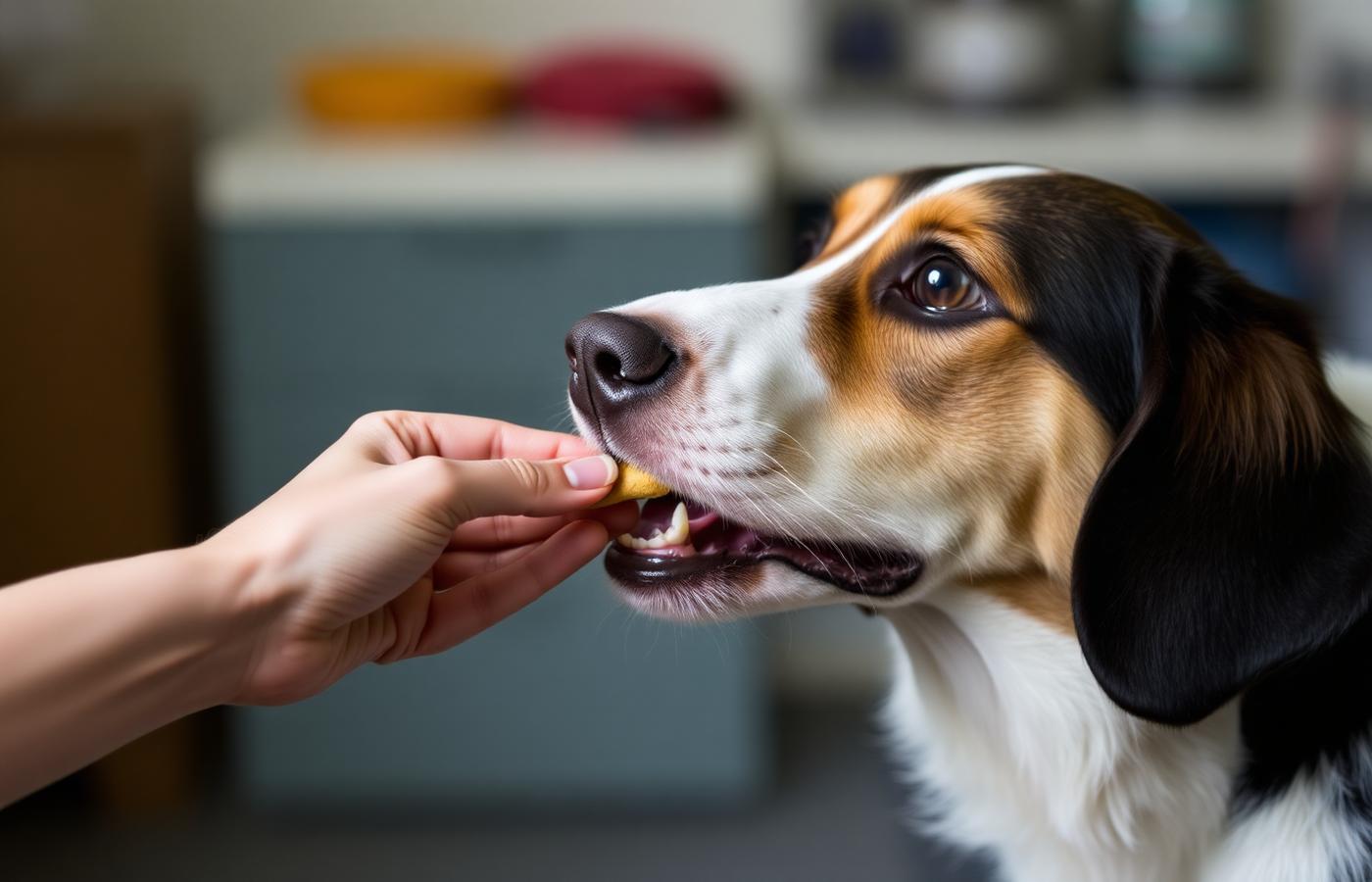Close-up of a hand delivering a small soft treat to a dog during a training session