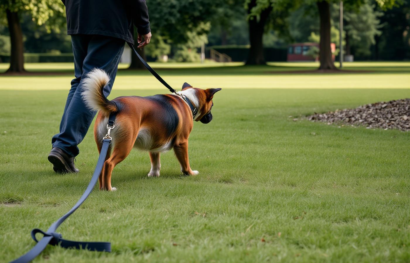 Dog turning back toward the handler while a long line lies slack across the grass