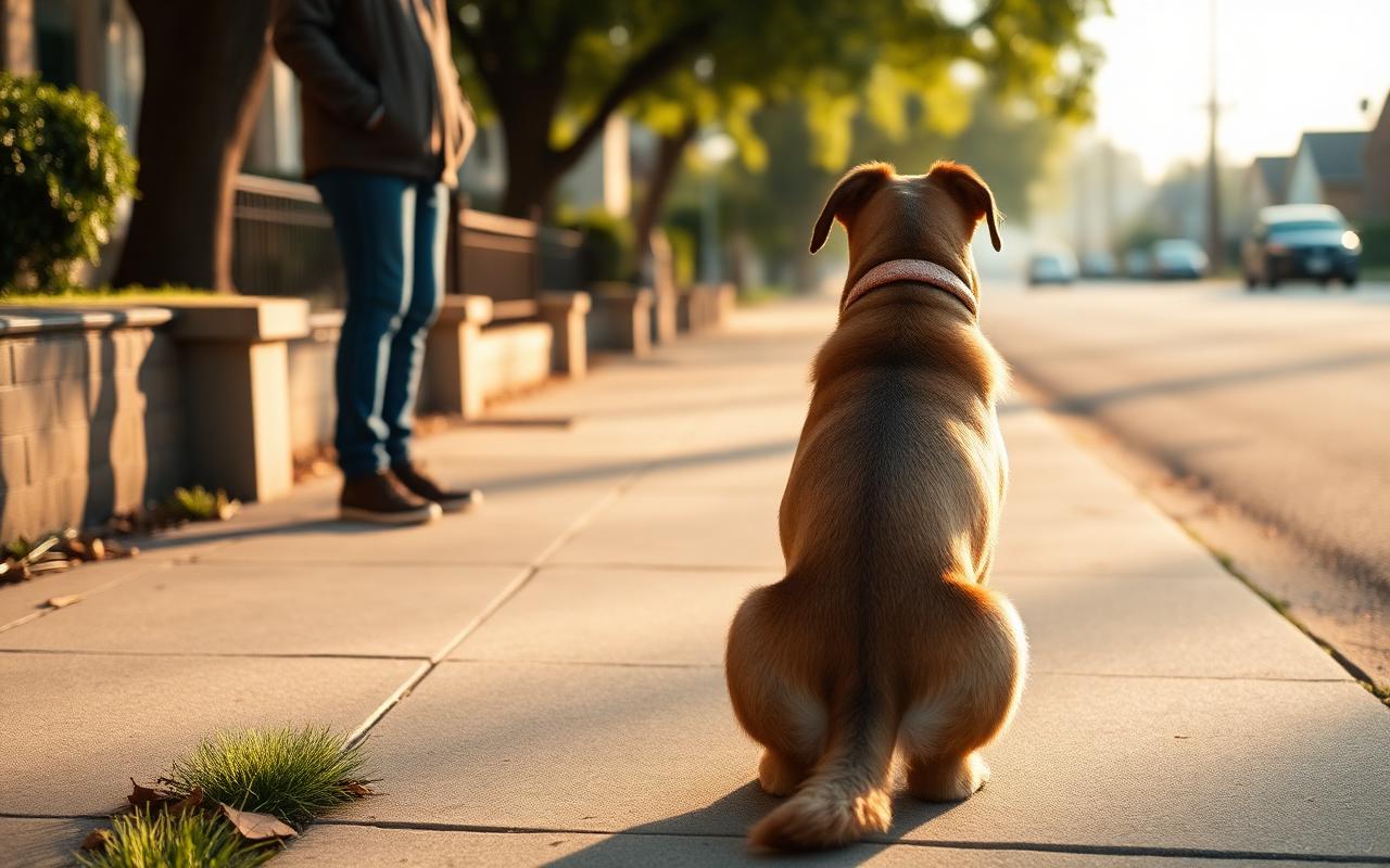 Dog holding a steady position on a grass field while its owner stands a few steps away