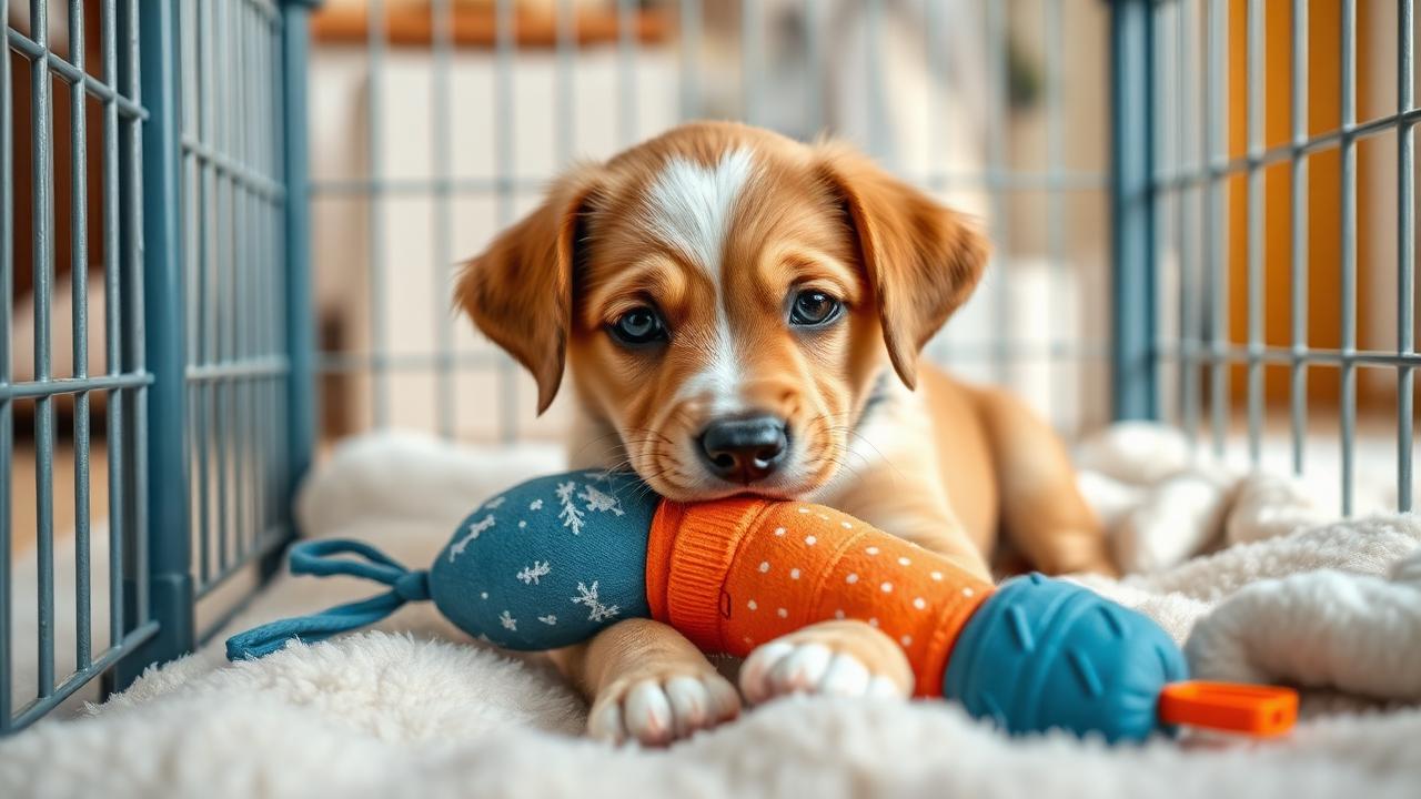 Calm puppy chewing a stuffed toy inside a playpen with soft bedding