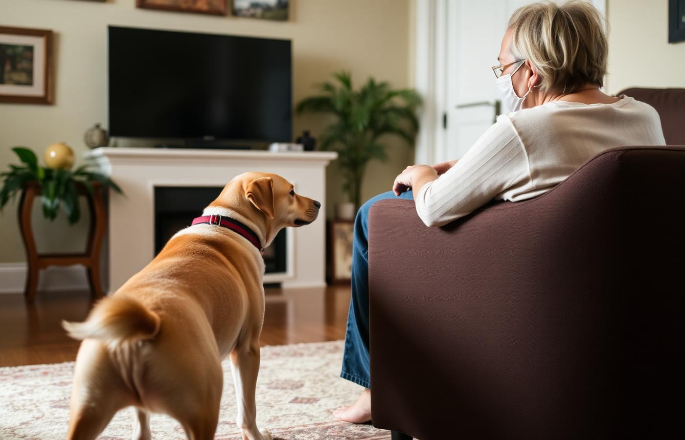 Dog choosing to approach a seated person who is turned away and relaxed in a living room