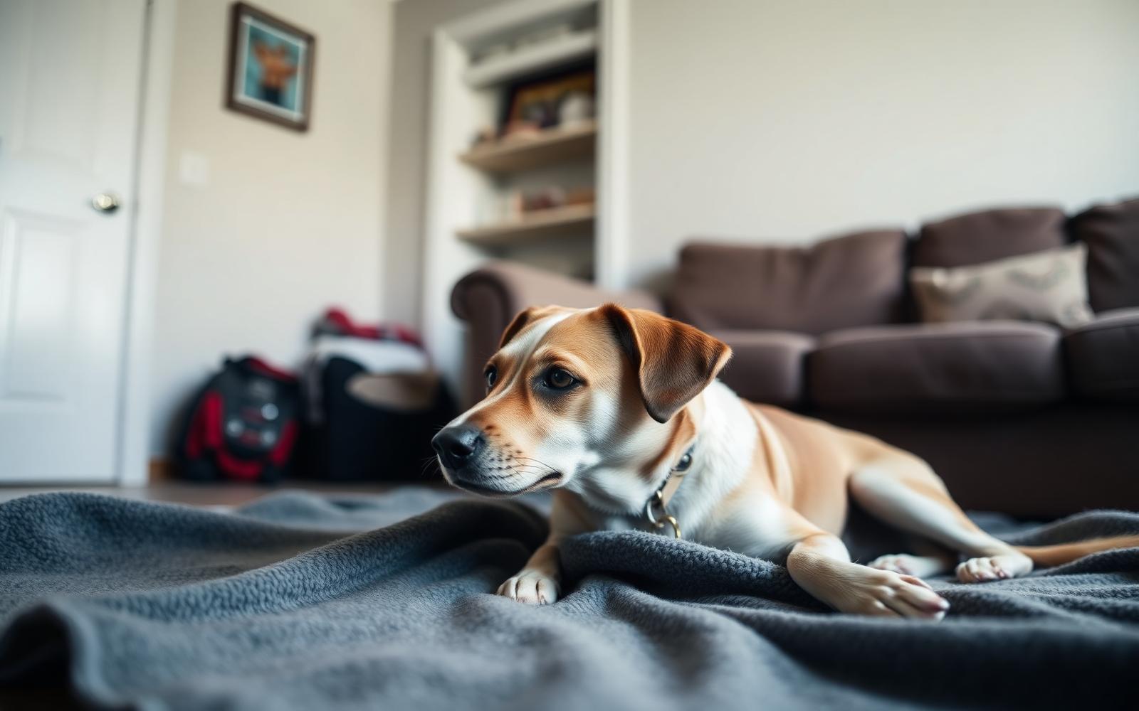 Rescue dog resting on a bed in a quiet room with soft daylight