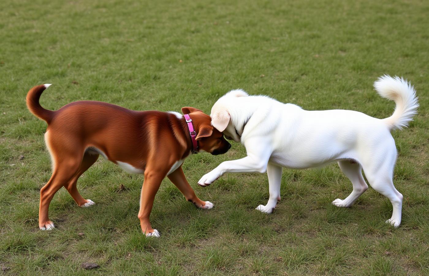 Two dogs meeting on grass with loose, curved bodies