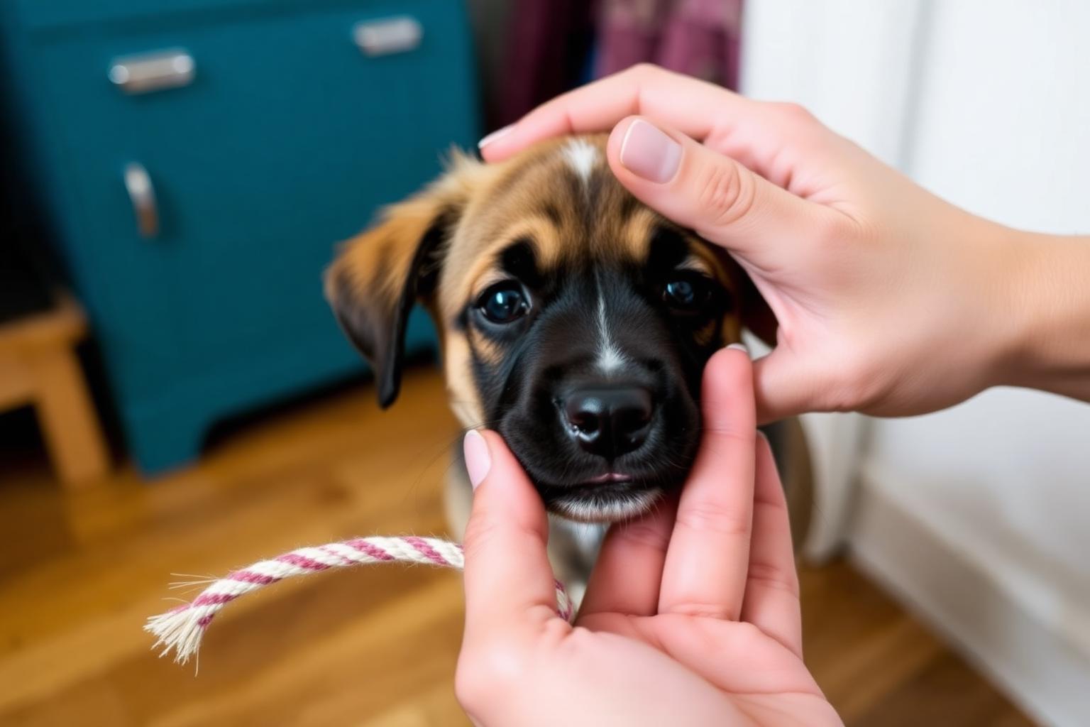 Person calmly redirecting a young dog to a chew toy on a mat indoors