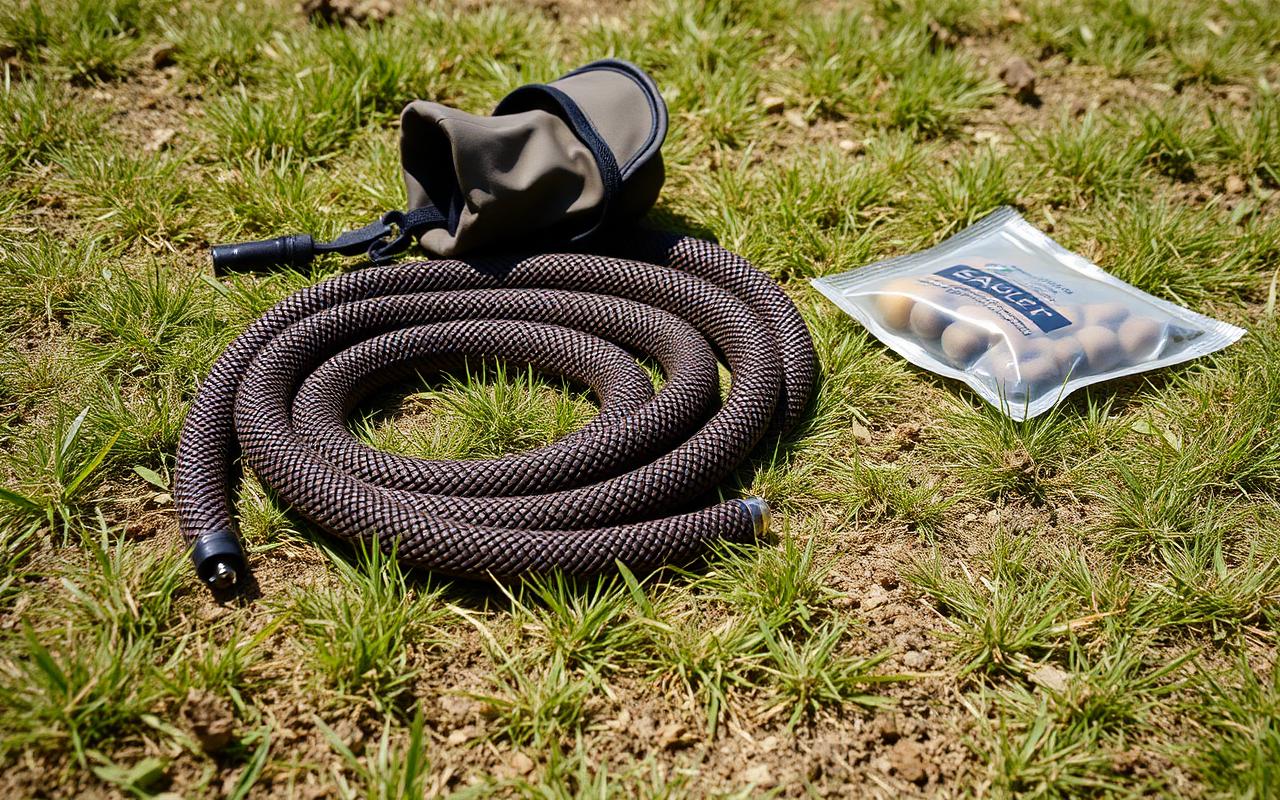 Coiled long biothane training line and a treat pouch lying on grass