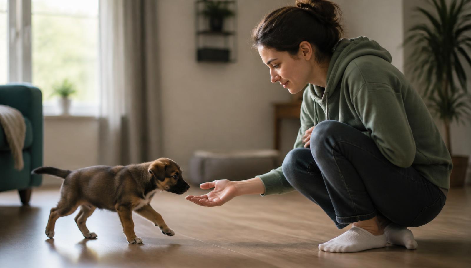 Prospective owner kneeling on a living room floor, calmly offering an open hand to a young puppy approaching to sniff
