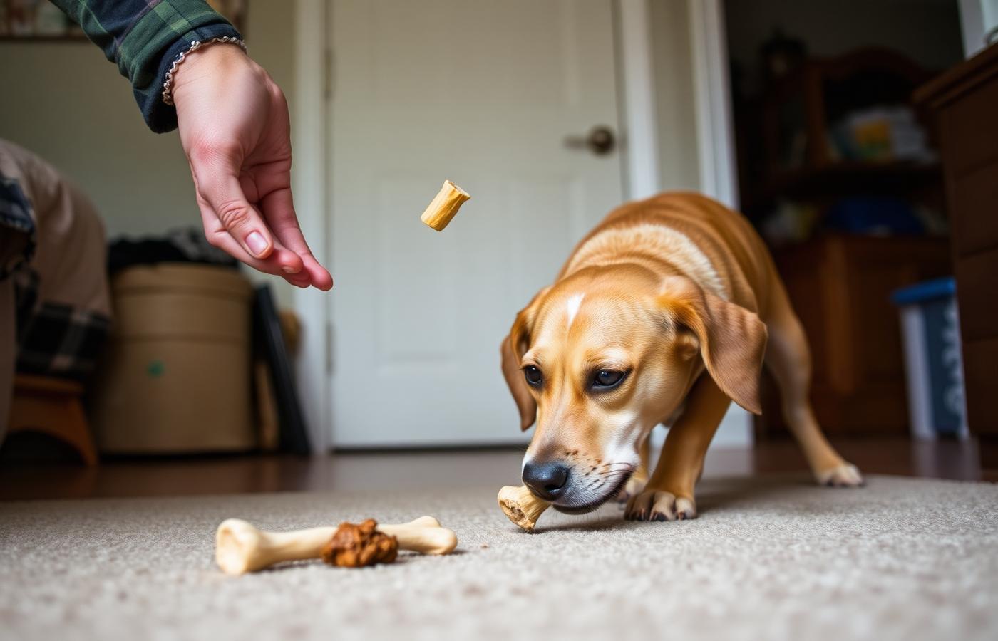 Person offering a treat in an open palm while a dog willingly releases a toy